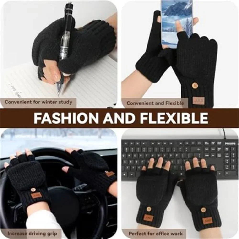 Unisex Winter Mittens Fingerless Gloves Upgraded Thermal Lined Knitted Gloves